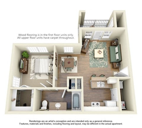 Floor plan for 1 bed, 1 bath, 649 sqft